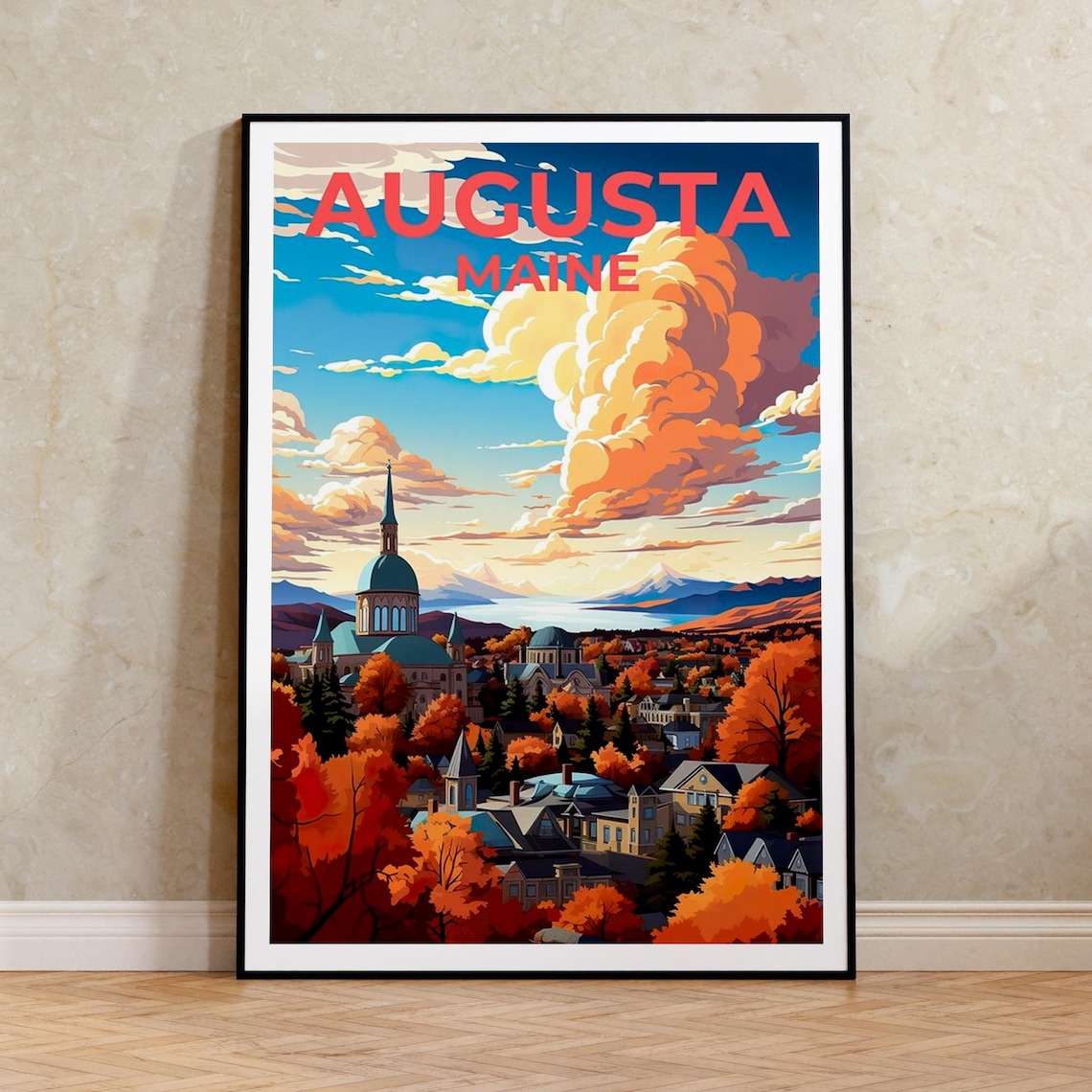 Augusta Maine Autumn Cityscape Domed Church Fall Foliage Travel Poster