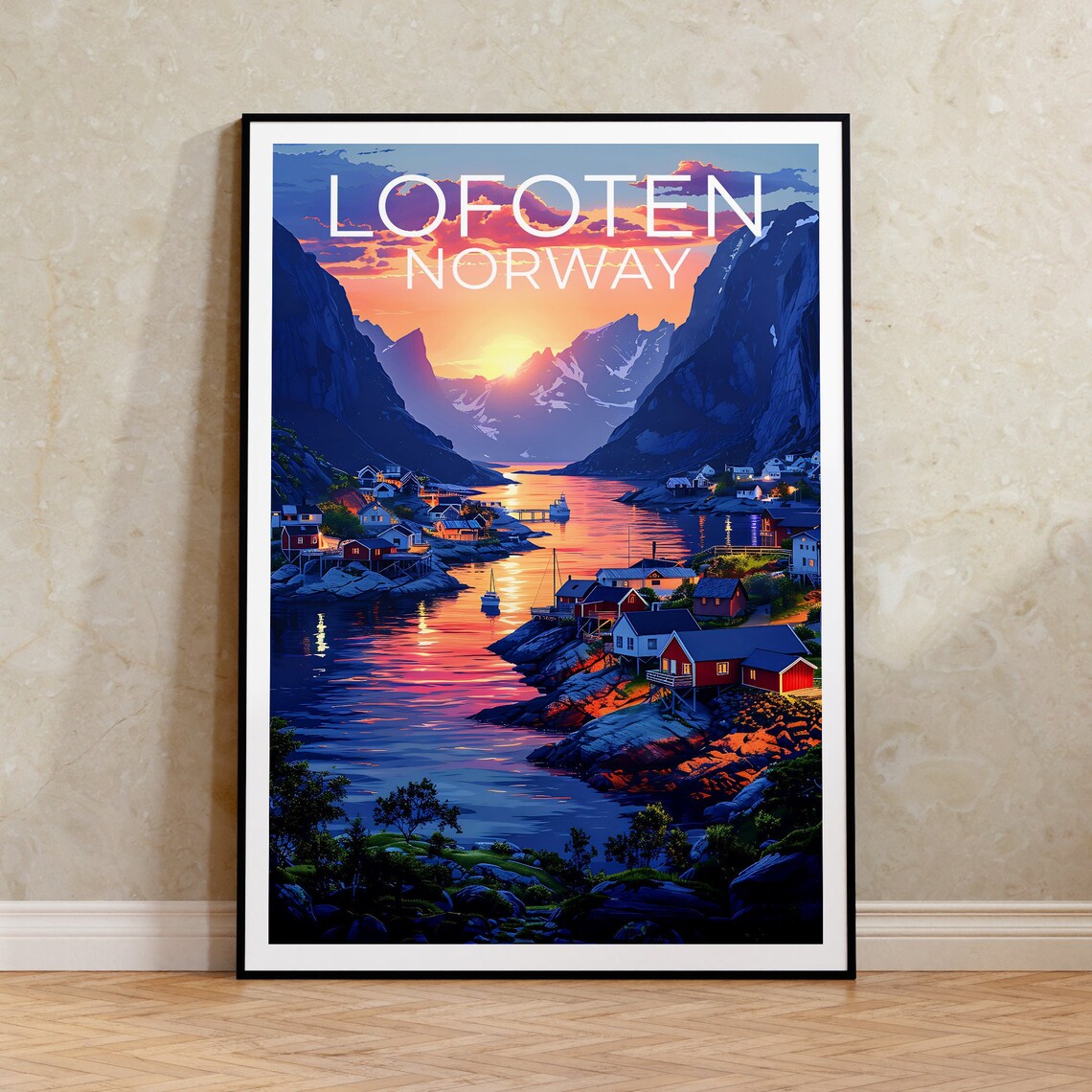 Lofoten Norway Fishing Village Fjord Sunset Arctic Travel Poster