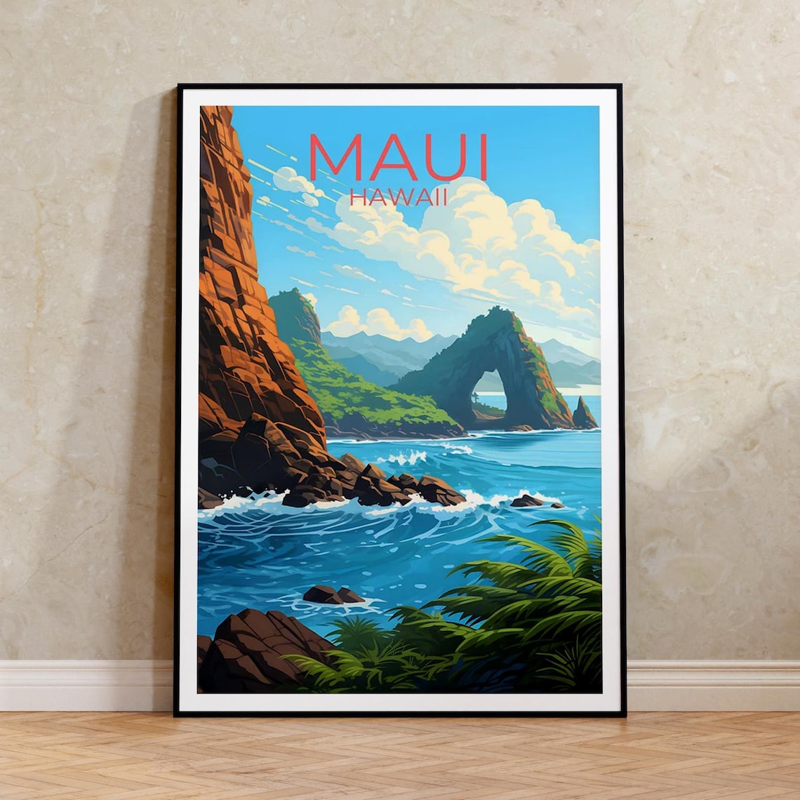 Maui Hawaii Rocky Coast Natural Sea Arch Ocean View Travel Poster