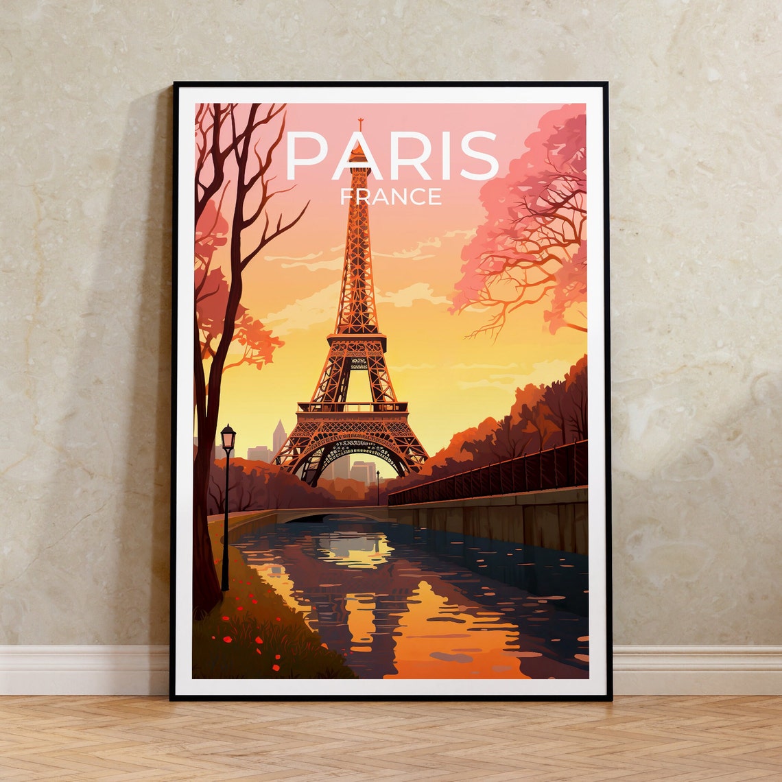 Paris France Eiffel Tower Seine Golden Hour River View Travel Poster