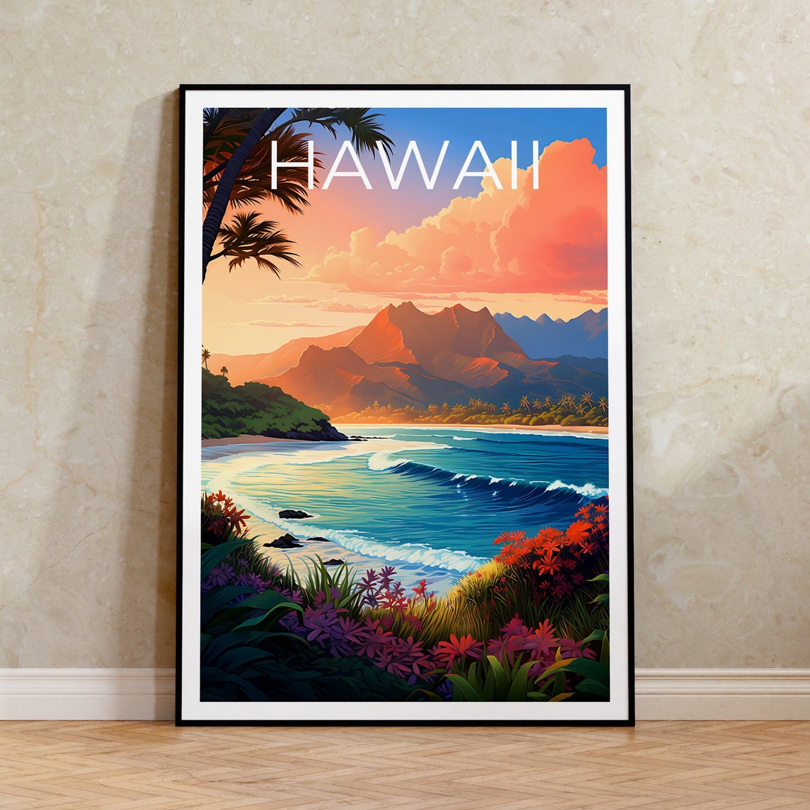Hawaii Island Beach Sunset Surf Waves Palm Tree Coast Poster