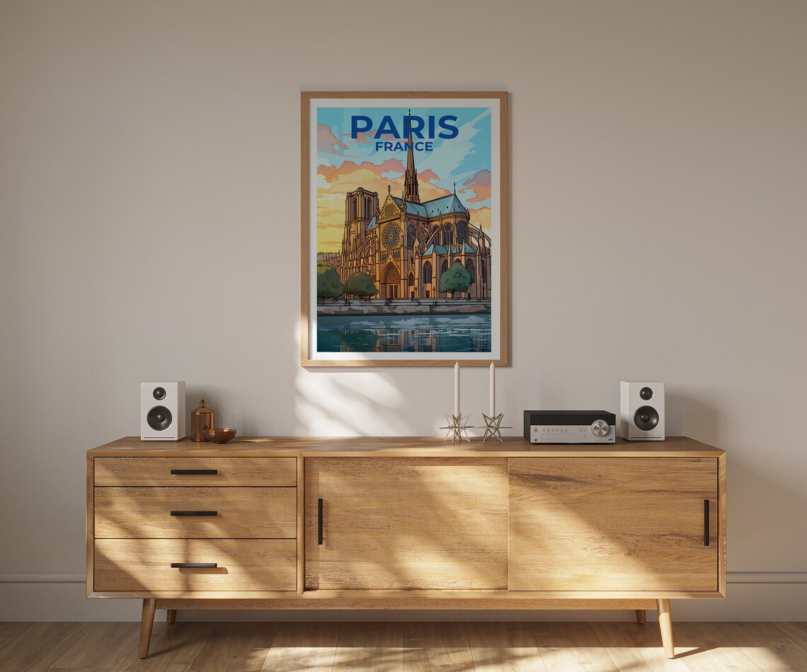 Paris France Notre Dame Cathedral Sunset River Seine View Poster - Image 2