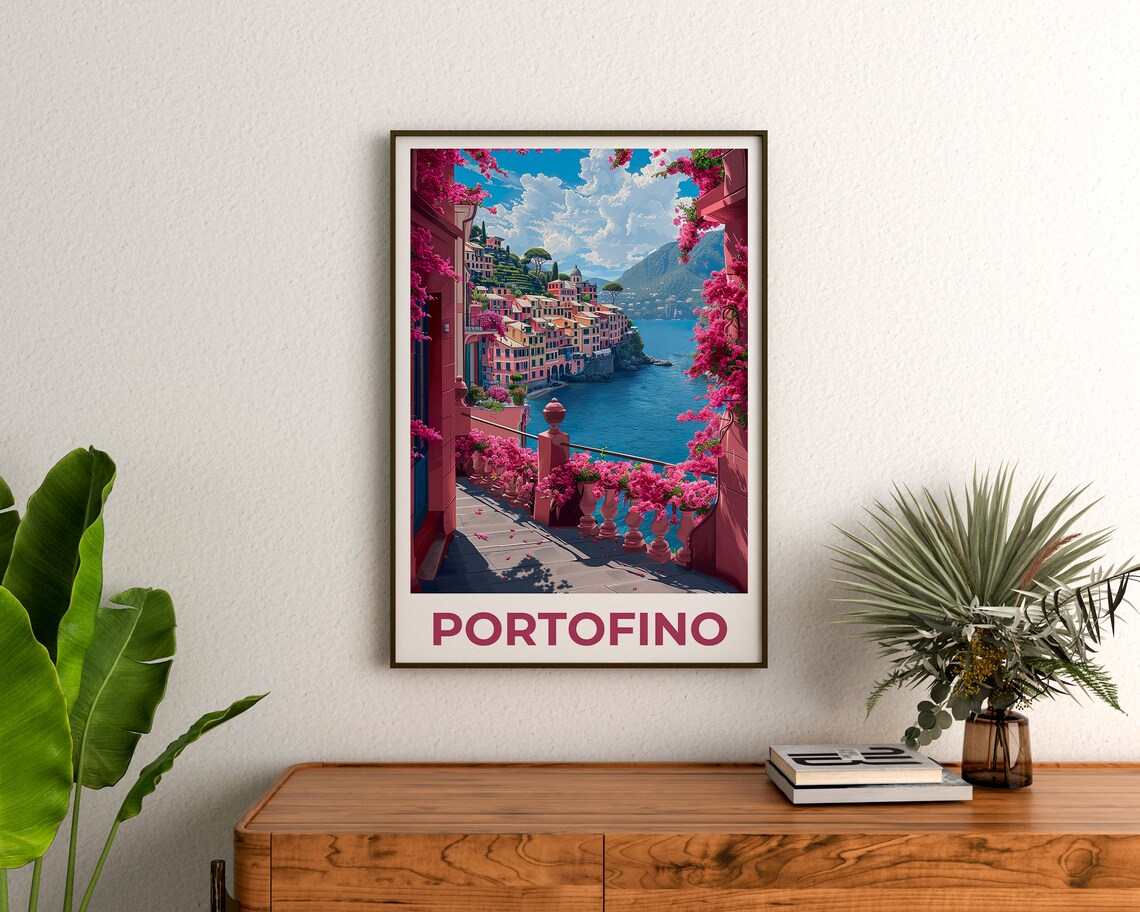 Portofino Italy Colorful Harbor Bougainvillea Balcony Sea View Poster - Image 3