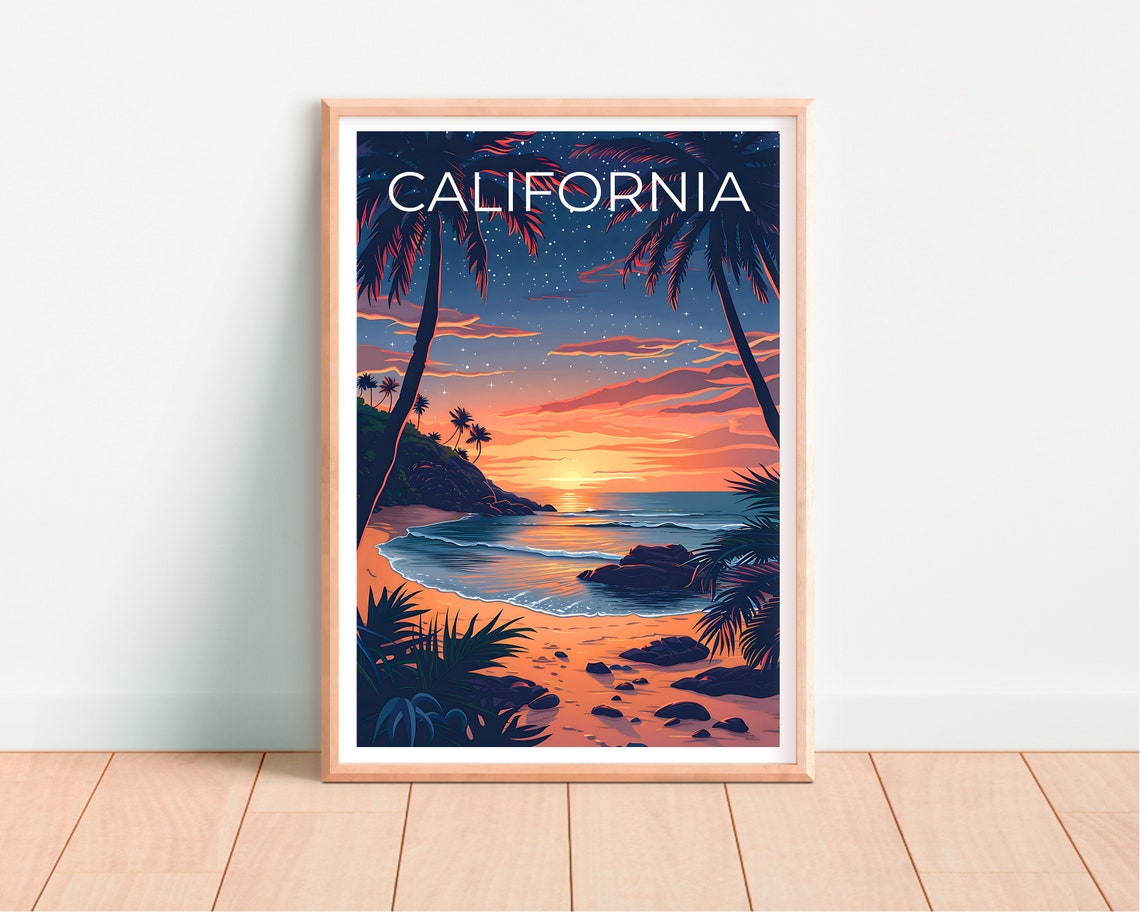 California Beach Palm Trees Starry Sunset Ocean Cove Travel Poster - Image 4