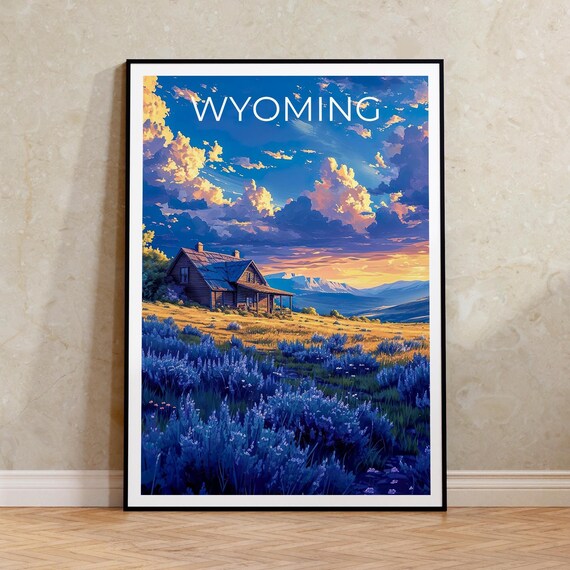 Wyoming Mountain Cabin Sunset Wildflower Field Travel Poster