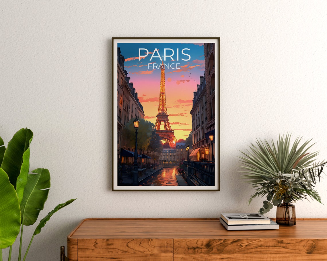 Paris France Eiffel Tower Dusk Street View Sunset Glow Travel Poster - Image 3