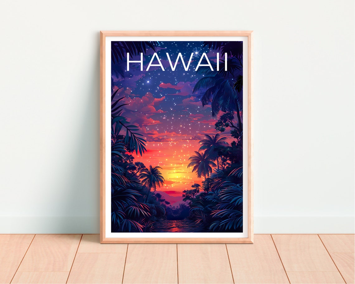 Hawaii Tropical Palm Jungle Sunset Starry Night Island Travel Poster - Image 4