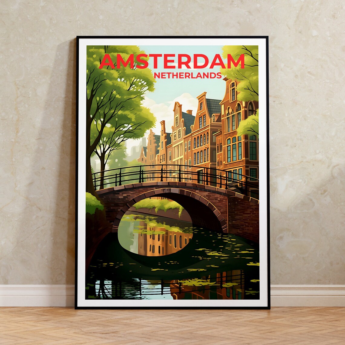 Amsterdam Netherlands Canal Brick Bridge Gabled Houses Travel Poster