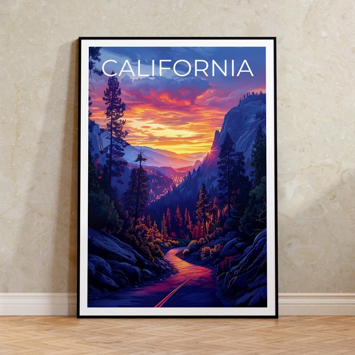 California Mountain Road Sunset Pine Forest Valley Drive Travel Poster