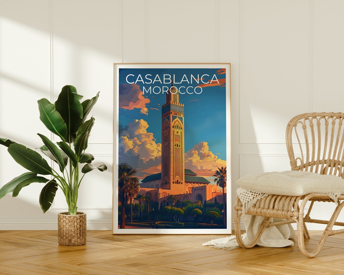 Casablanca Morocco Hassan II Mosque Minaret Sunset Sky Travel Poster - Image 2