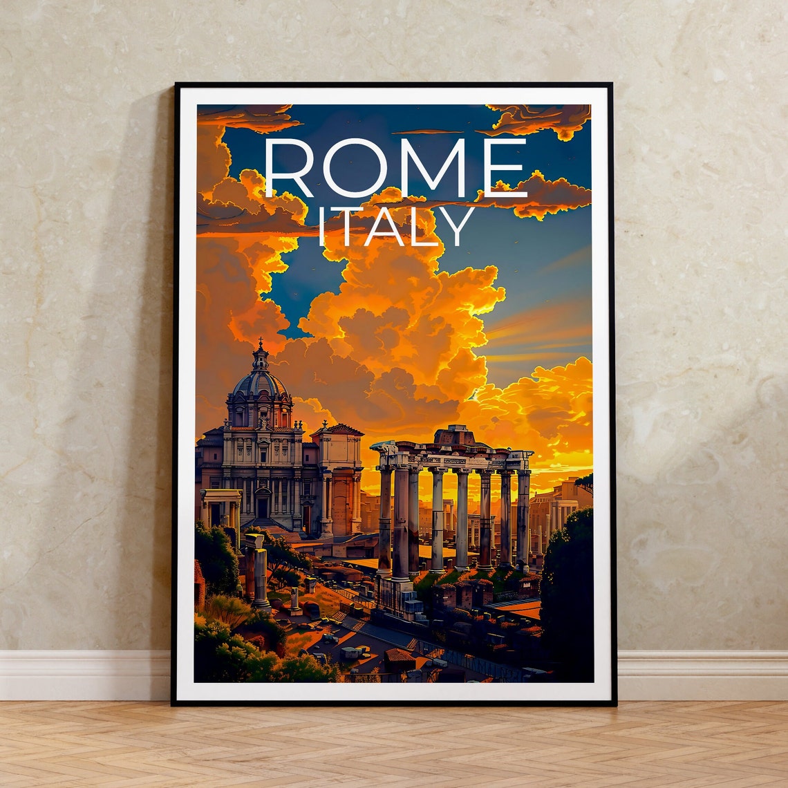 Rome Italy Roman Forum Ruins Dramatic Sunset Clouds Travel Poster