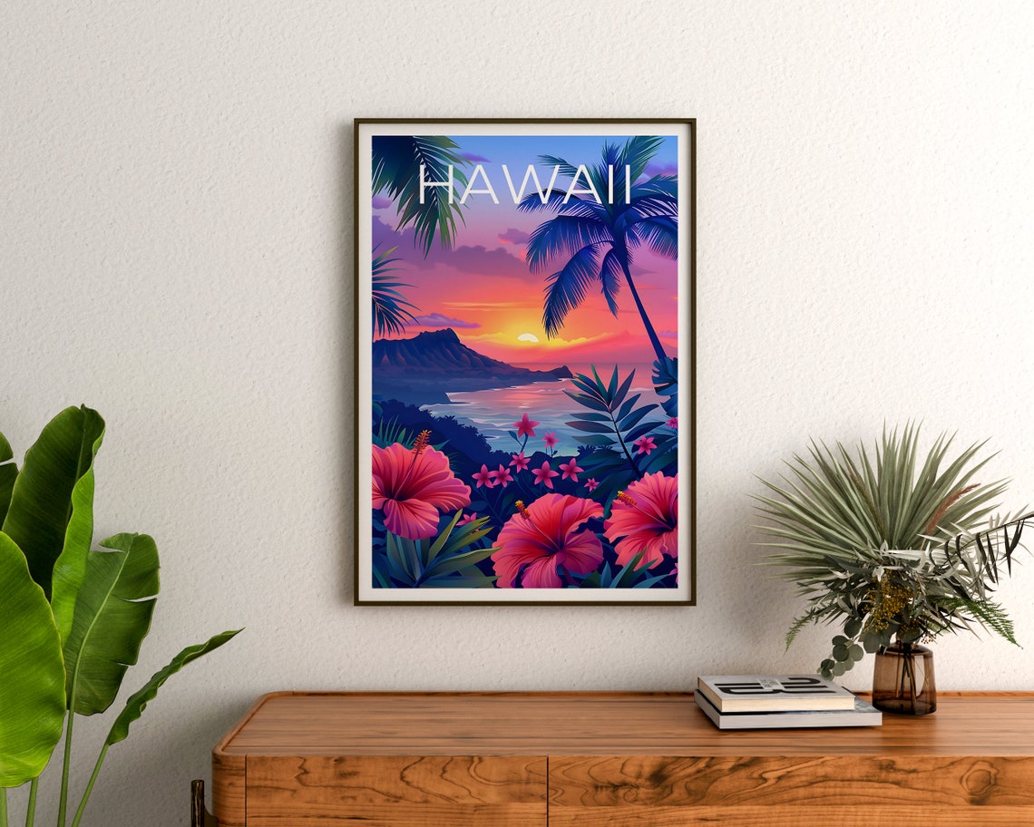 Hawaii Diamond Head Sunset Waikiki Bay Hibiscus Flower Poster - Image 3