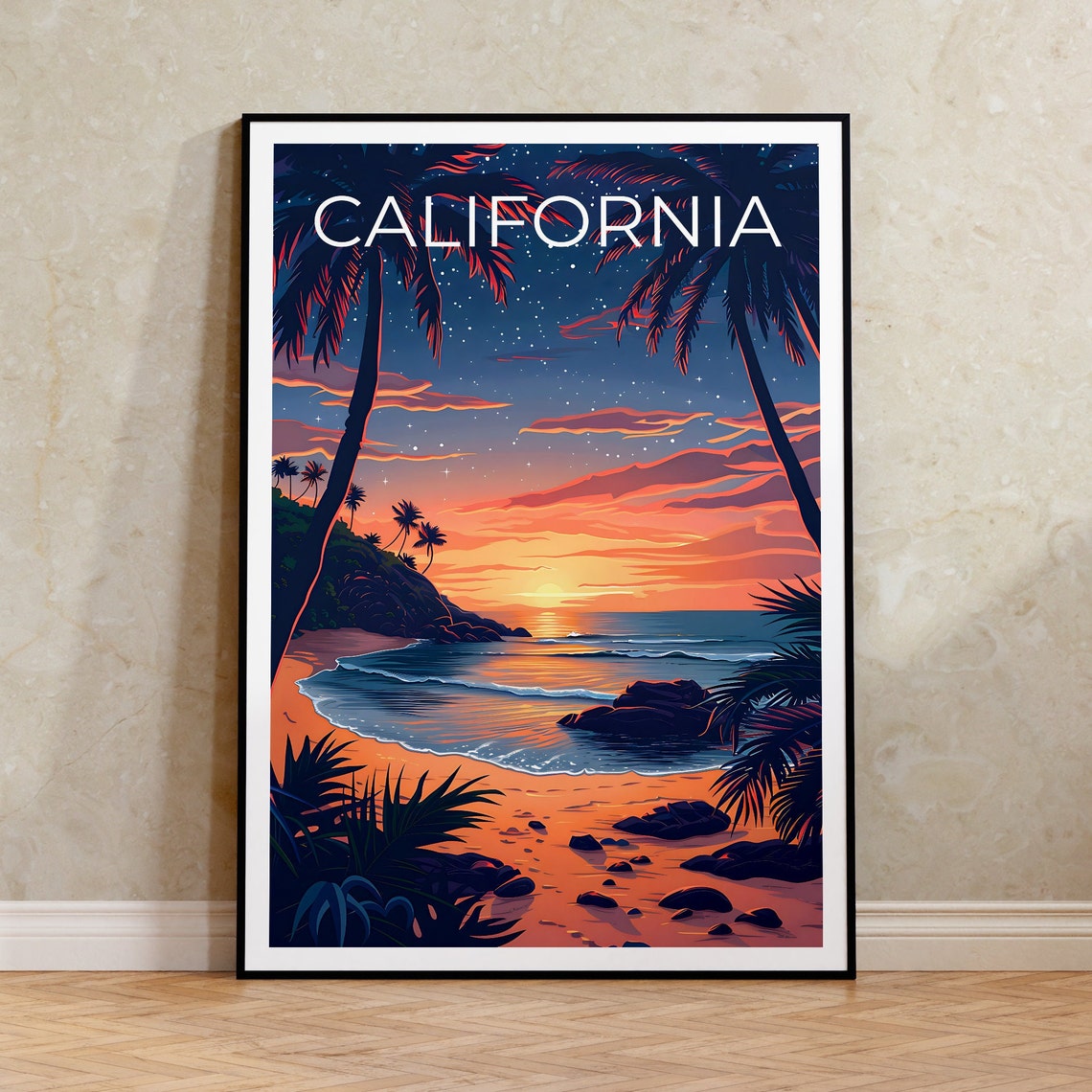 California Beach Palm Trees Starry Sunset Ocean Cove Travel Poster