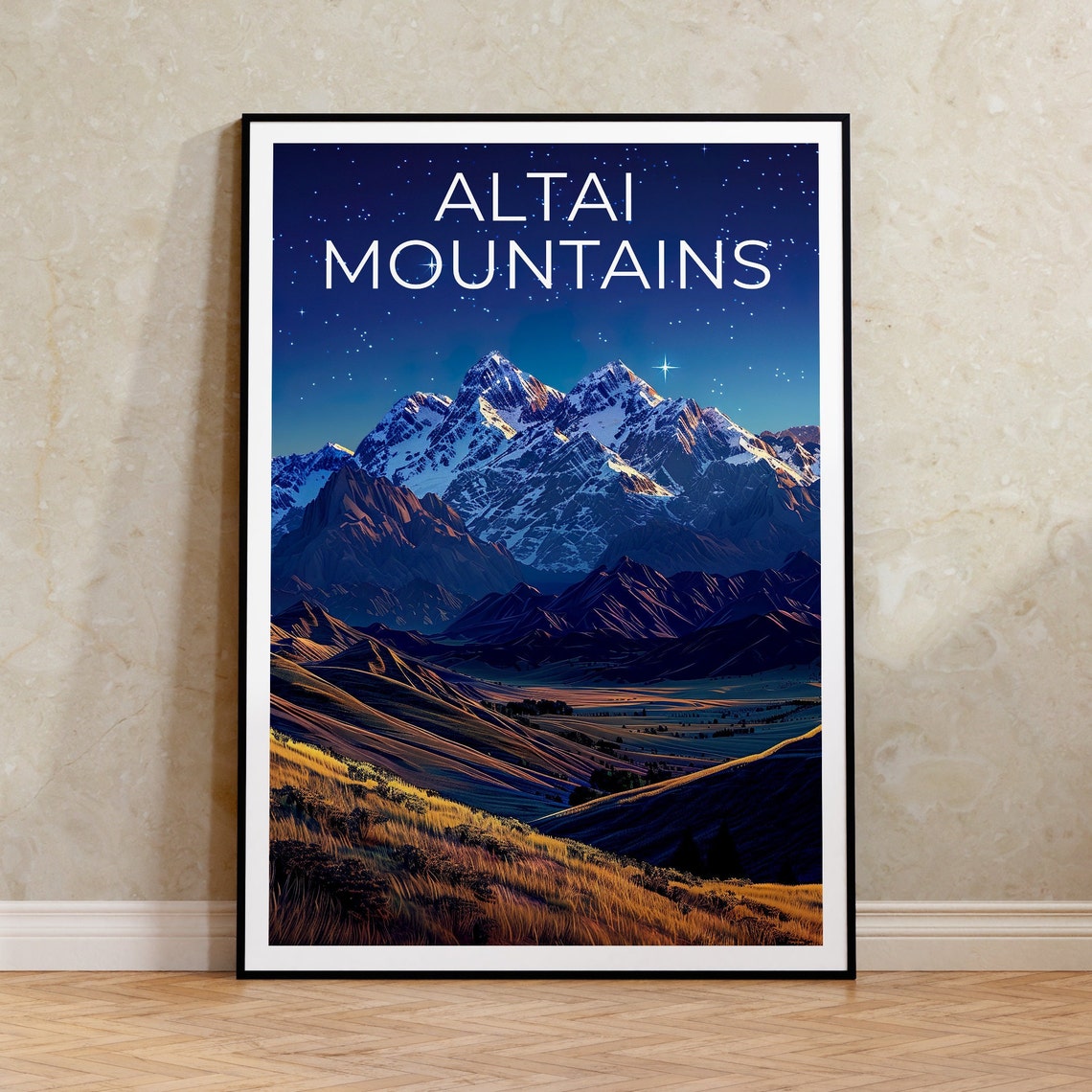 Altai Mountains Starry Night Snowy Twin Peaks Golden Hills Poster