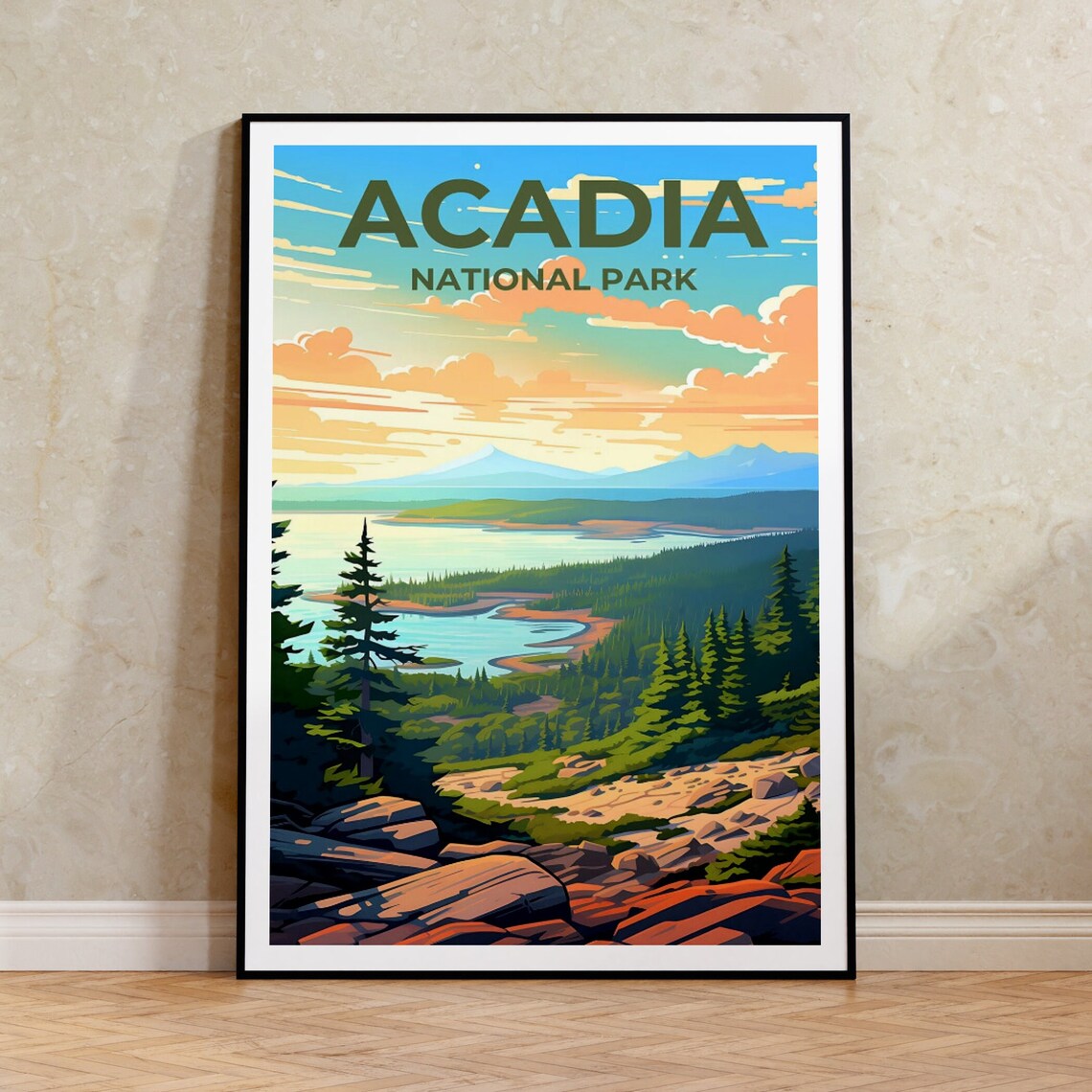 Acadia Travel Poster, Maine Forest Wall Art Print