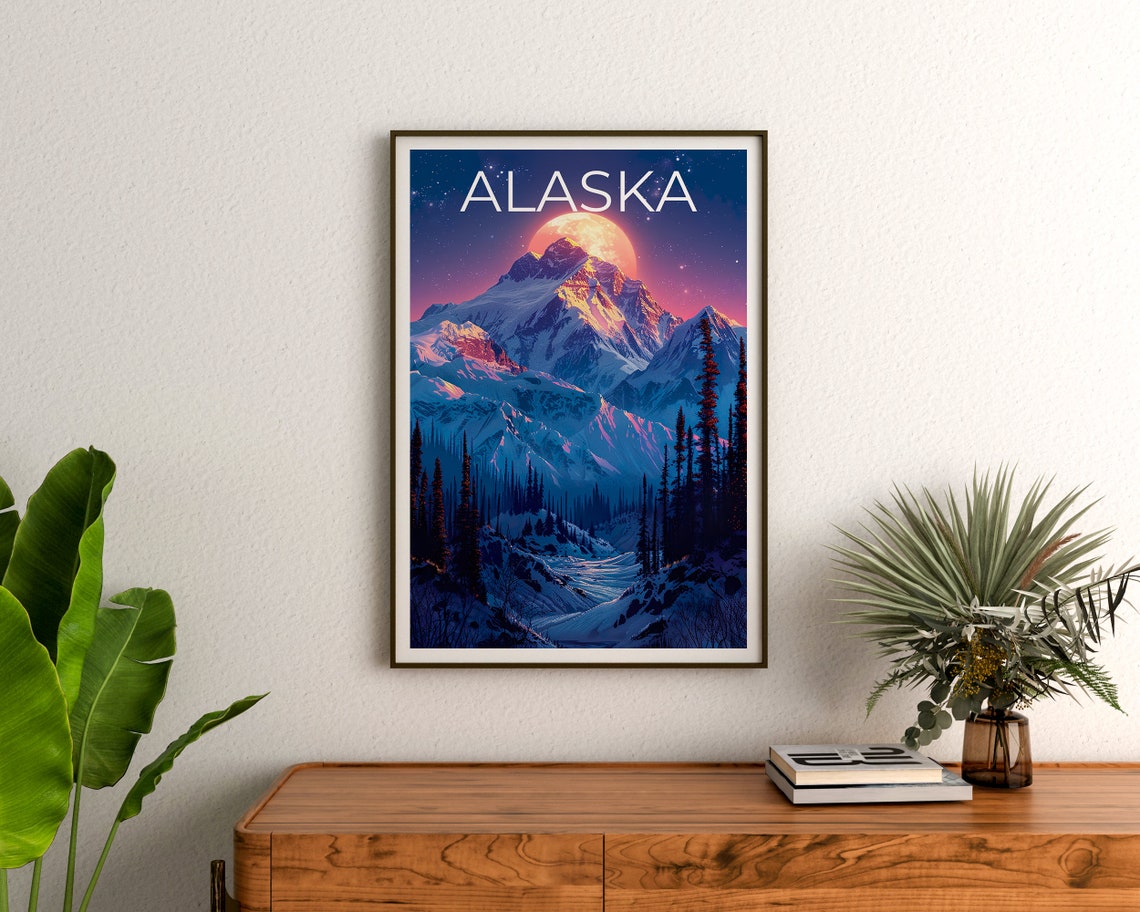Alaska Snow Capped Peak Moonrise Pine Forest Night Travel Poster - Image 3