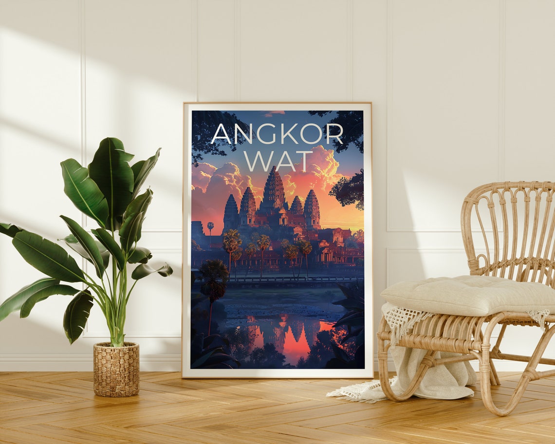 Angkor Wat Cambodia Temple Sunrise Reflection Jungle Travel Poster - Image 2