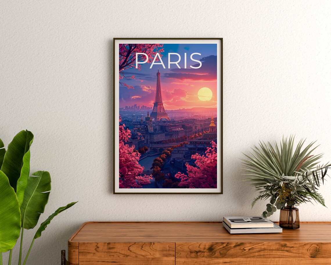 Paris France Eiffel Tower Sunset City Skyline Blossom Travel Poster - Image 3