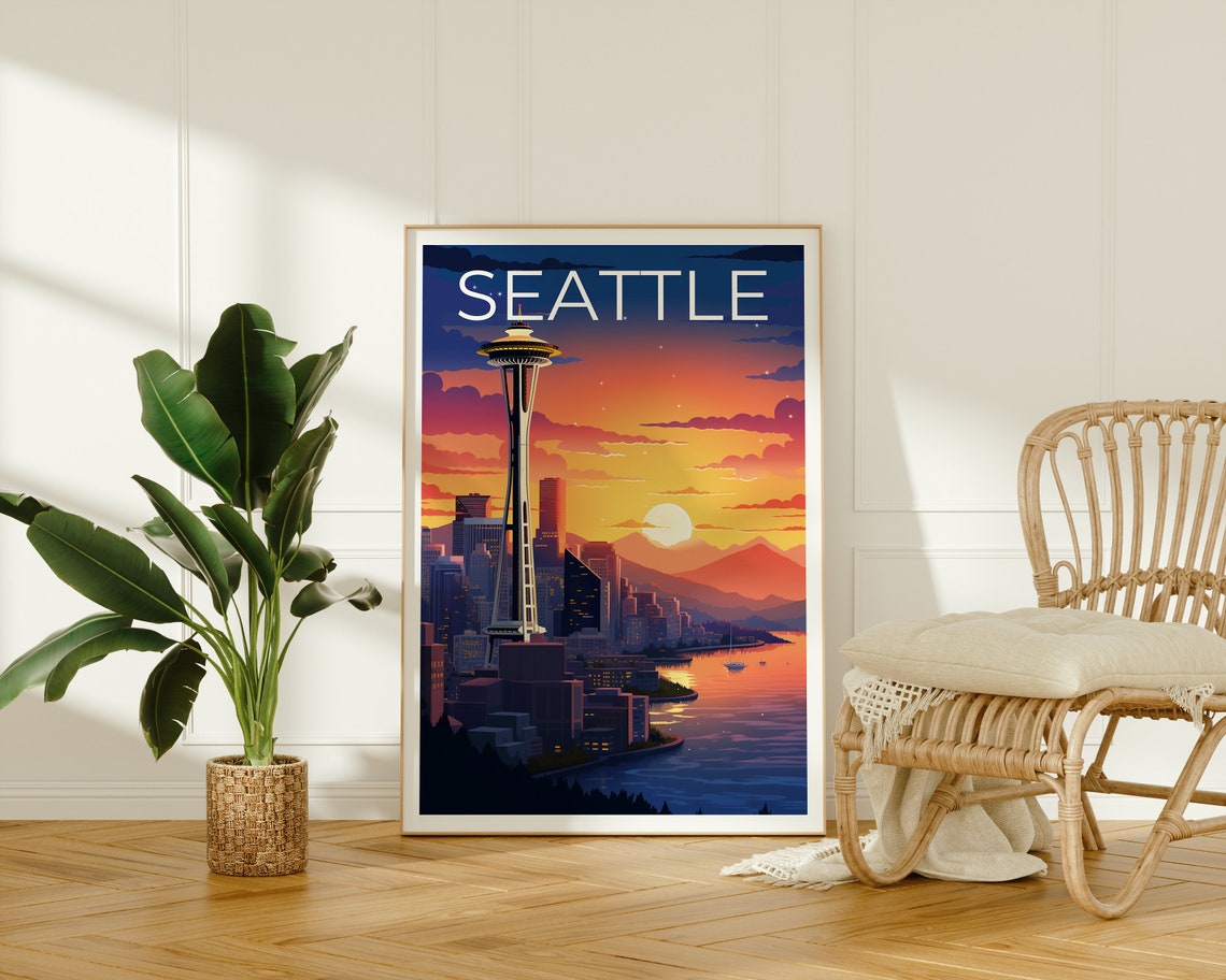 Seattle Space Needle Sunset Elliott Bay Skyline Travel Poster - Image 2