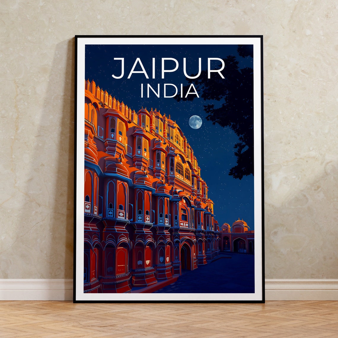 Jaipur India Hawa Mahal Palace Moonlit Night Pink City Travel Poster