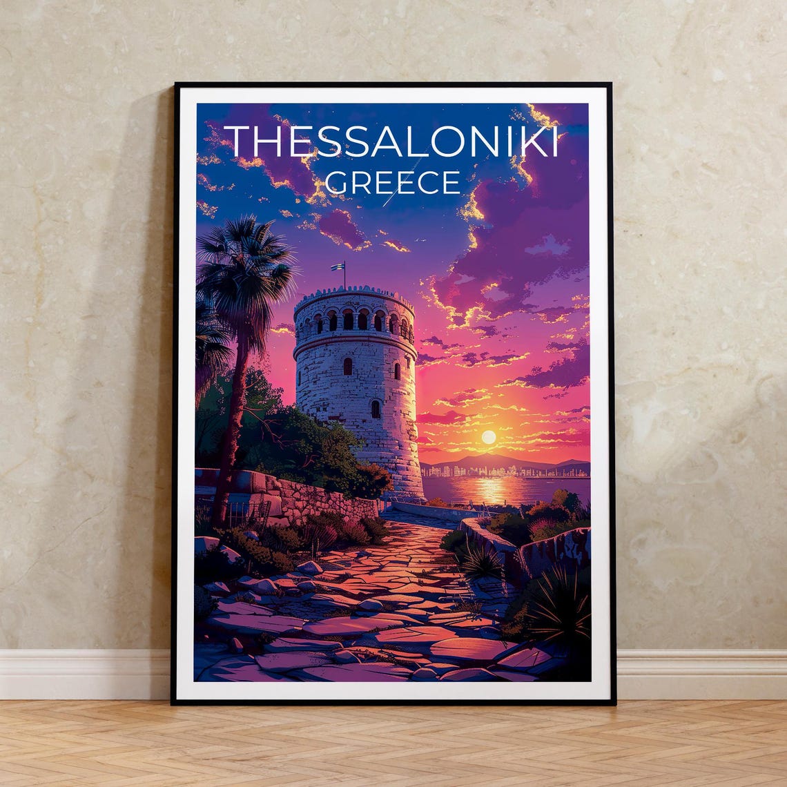 Thessaloniki White Tower Sunset Greece Waterfront Travel Poster