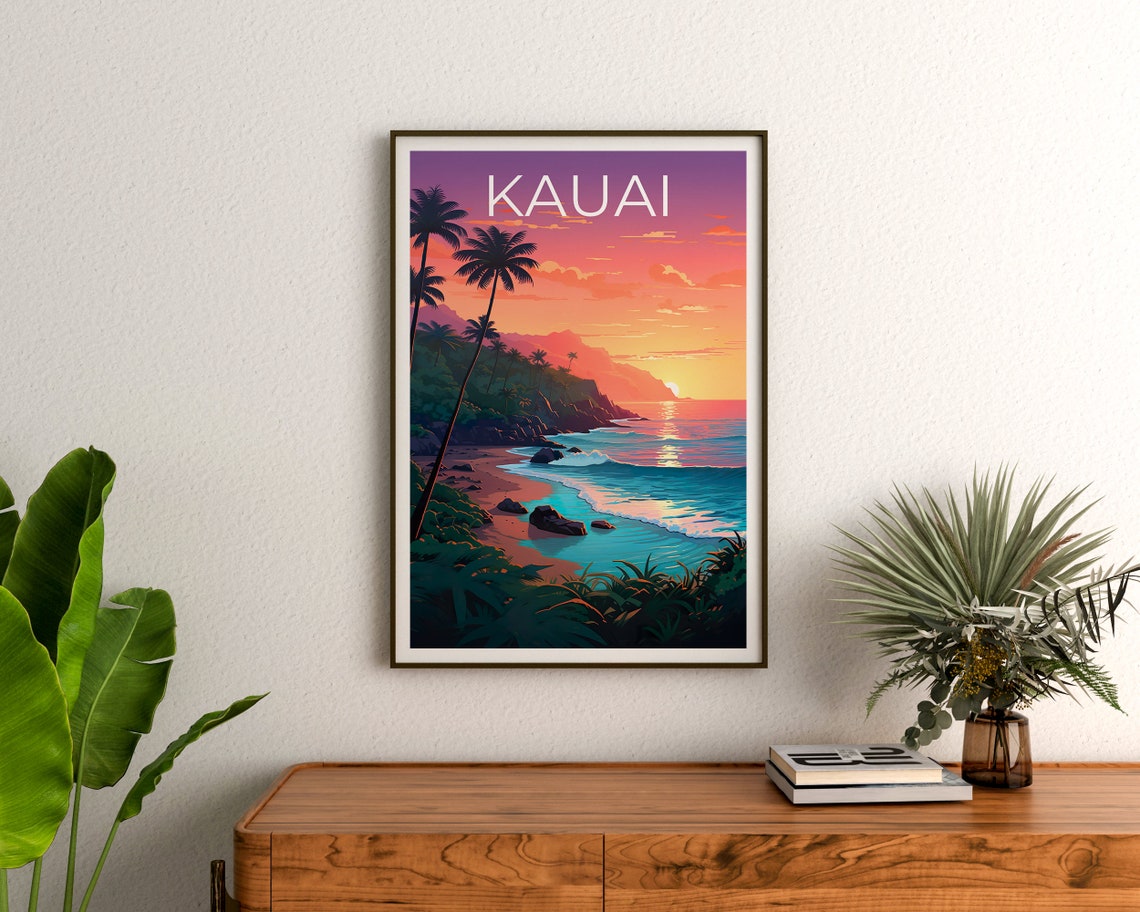 Kauai Hawaii Napali Coast Sunset Palm Beach Waves View Travel Poster - Image 3
