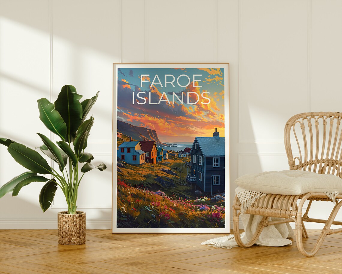 Faroe Islands Coastal Village Colorful Houses Sunset Sky Travel Poster - Image 2