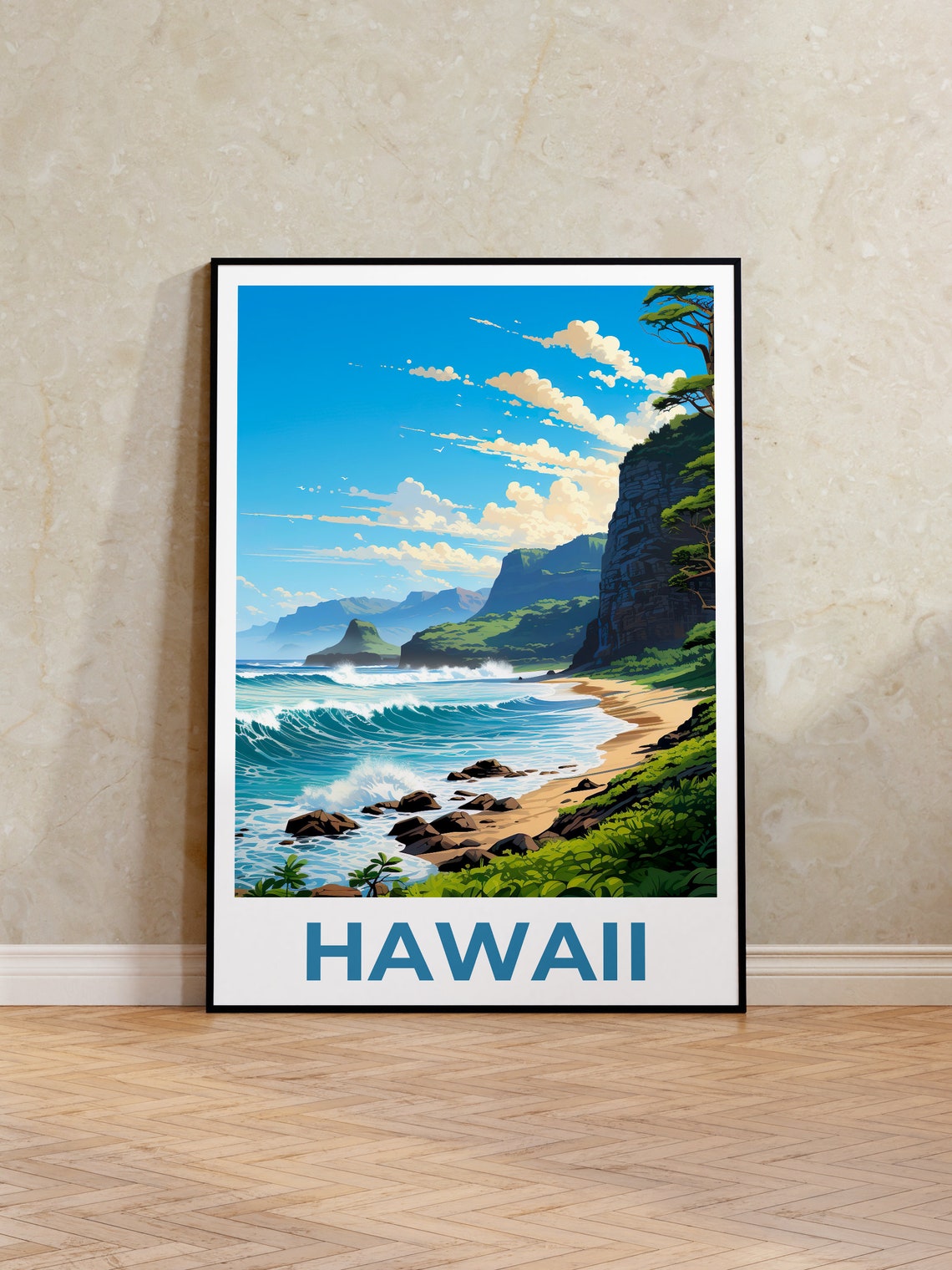 Hawaii Sunny Coast Day Beach Turquoise Waves Cliffs View Poster