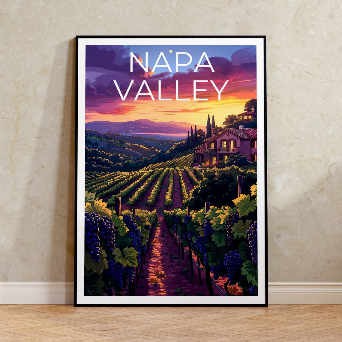 Napa Valley California Vineyard Rows Sunset Wine Country Travel Poster