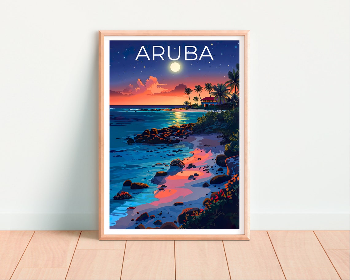 Aruba Moonlit Beach Palm Trees Rocky Shore Night View Travel Poster - Image 4