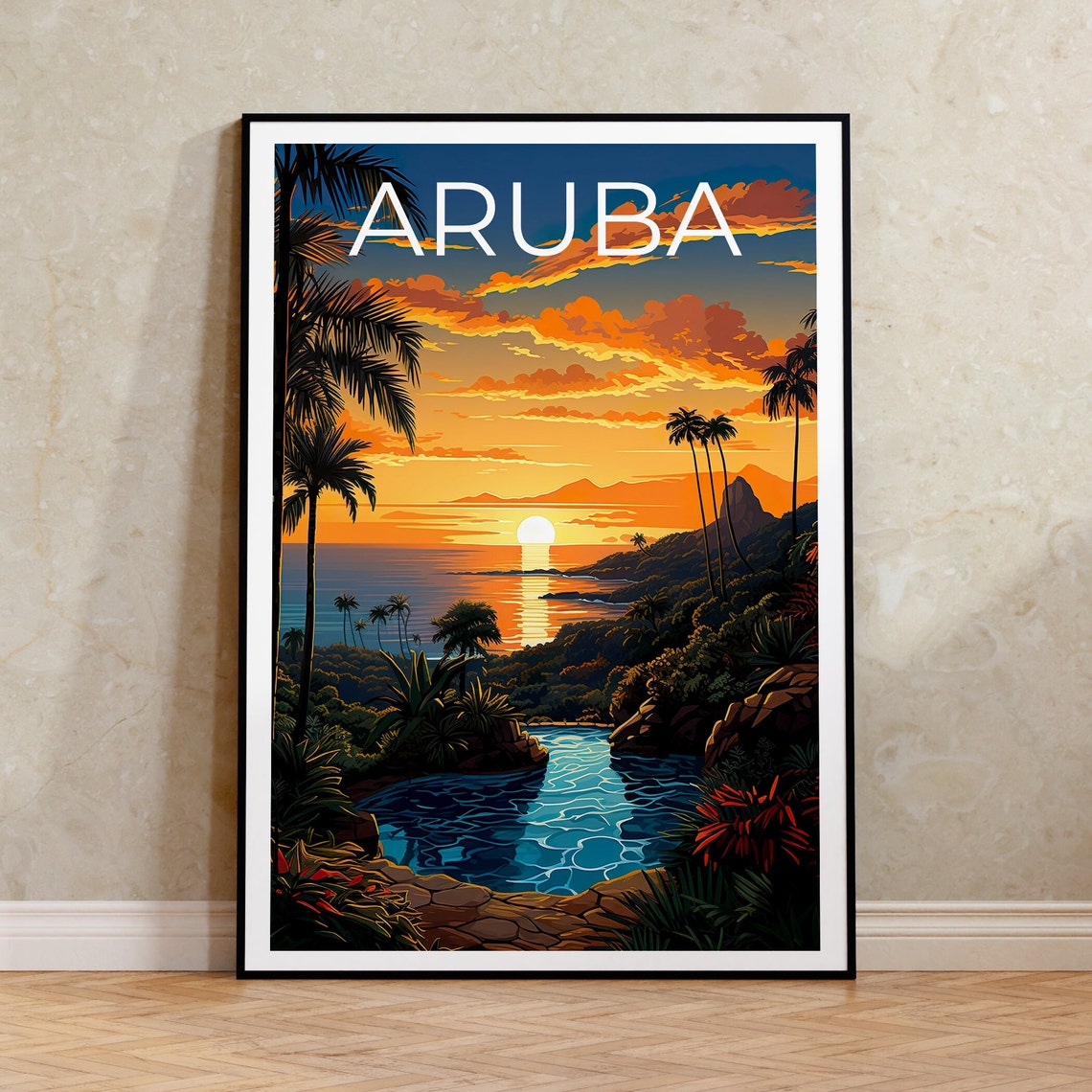 Aruba Caribbean Sunset Palm Trees Lagoon Tropical Shore Travel Poster