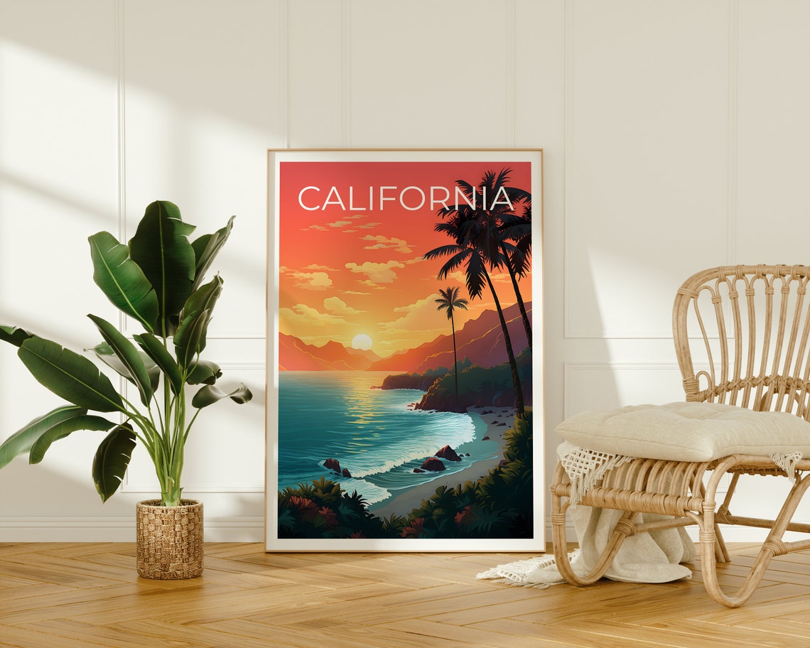California Coast Sunset Palm Trees Rocky Cove Beach View Poster - Image 2