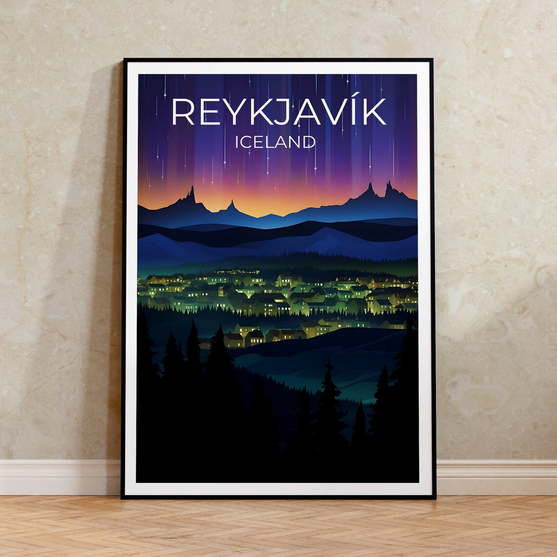 Reykjavik Iceland Northern Lights Night Sky Mountain City Poster
