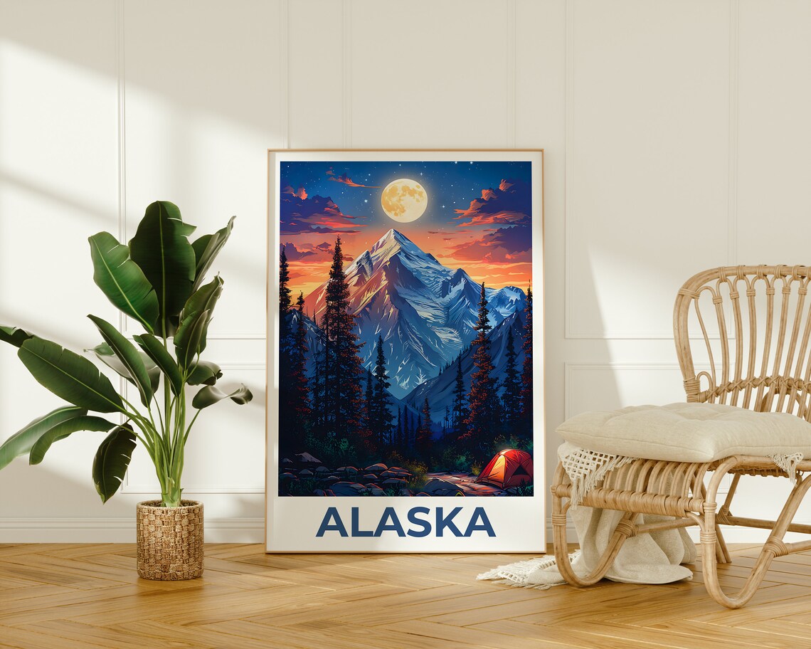 Alaska Snowy Peak Full Moon Tent Camping Night Forest Travel Poster - Image 2