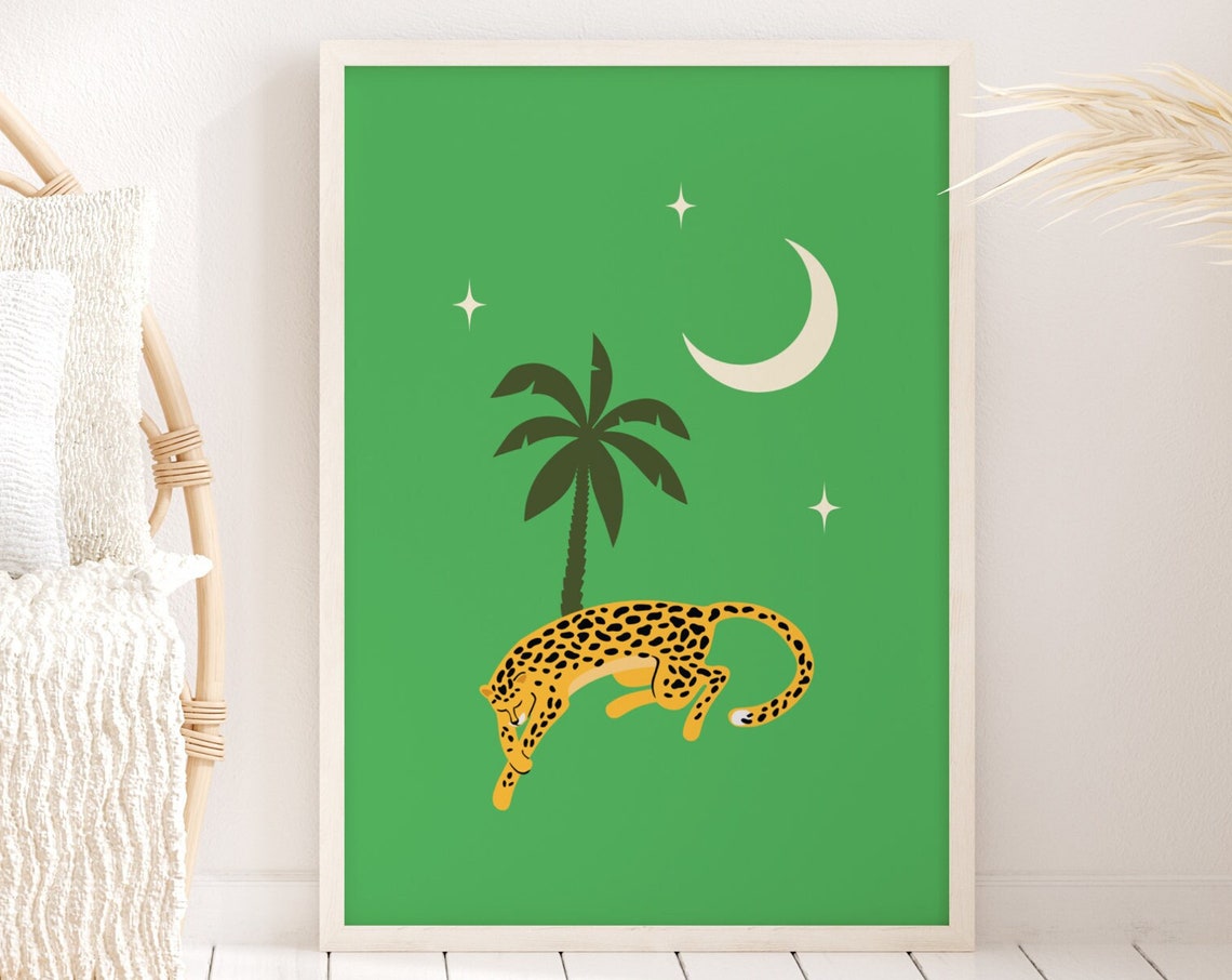 Leopard And Palm Tree Green Print Unframed Tropical Sleepy Animal Jungle Print Boho Eclectic Gallery Wall