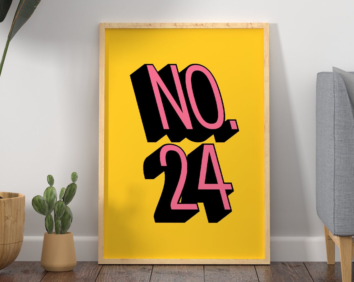 No 24 Bold Pink 3D Typography Retro Number Bright Yellow Poster