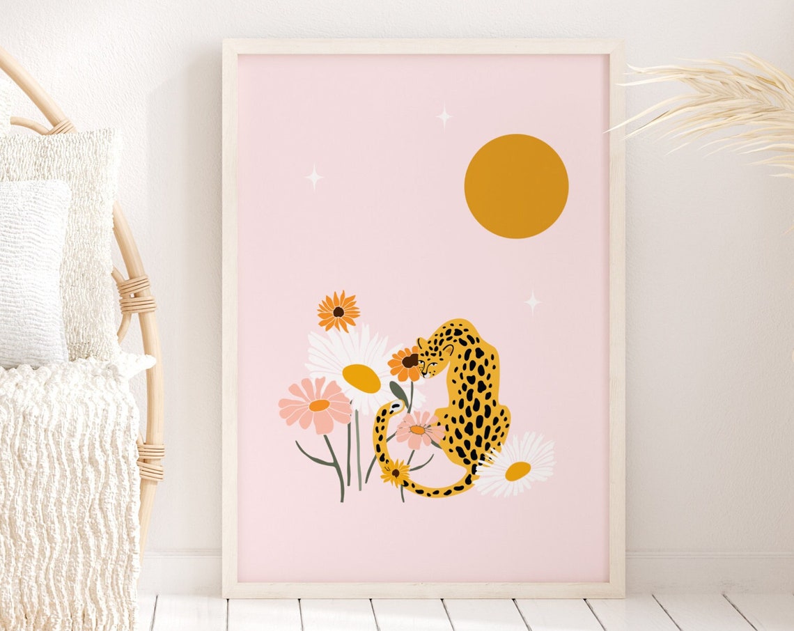 Leopard And Flowers Pink Wall Art Unframed Boho Animal Floral Print Tropical Botanical Poster Pink Decor