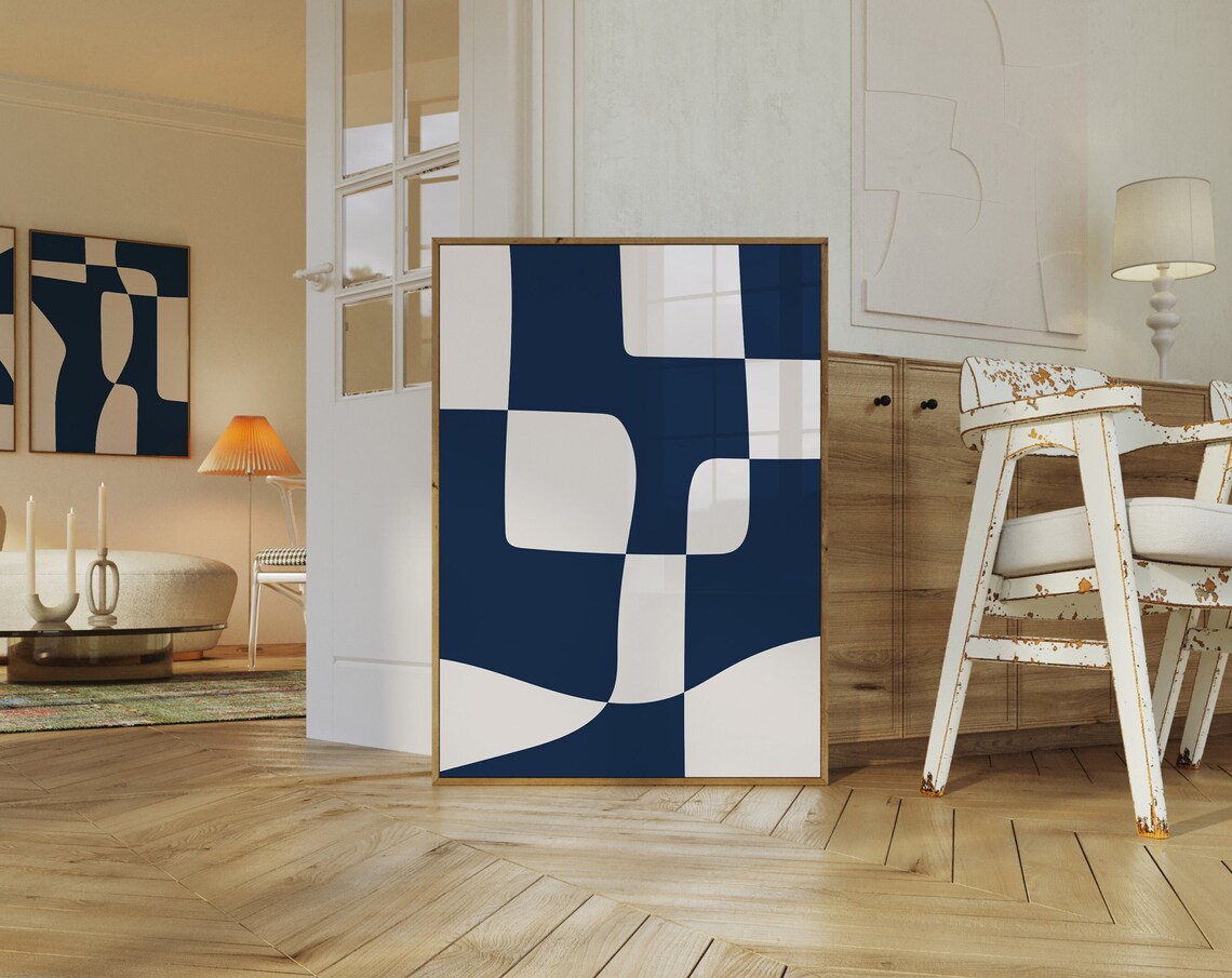 Navy Blue White Geometric Abstract Rounded Shapes Bold Art Poster