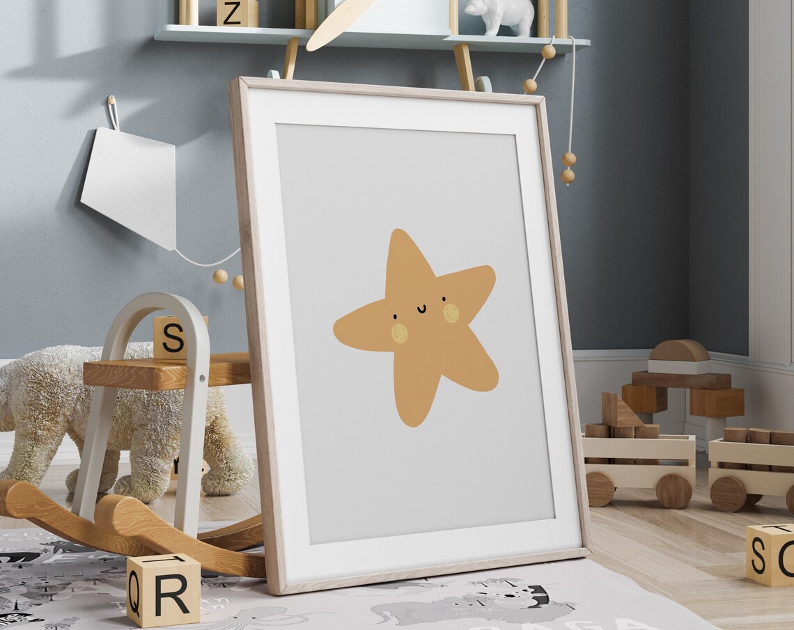 Smiling Star Nursery Decor Mustard Star Kids Room Cute Baby Poster