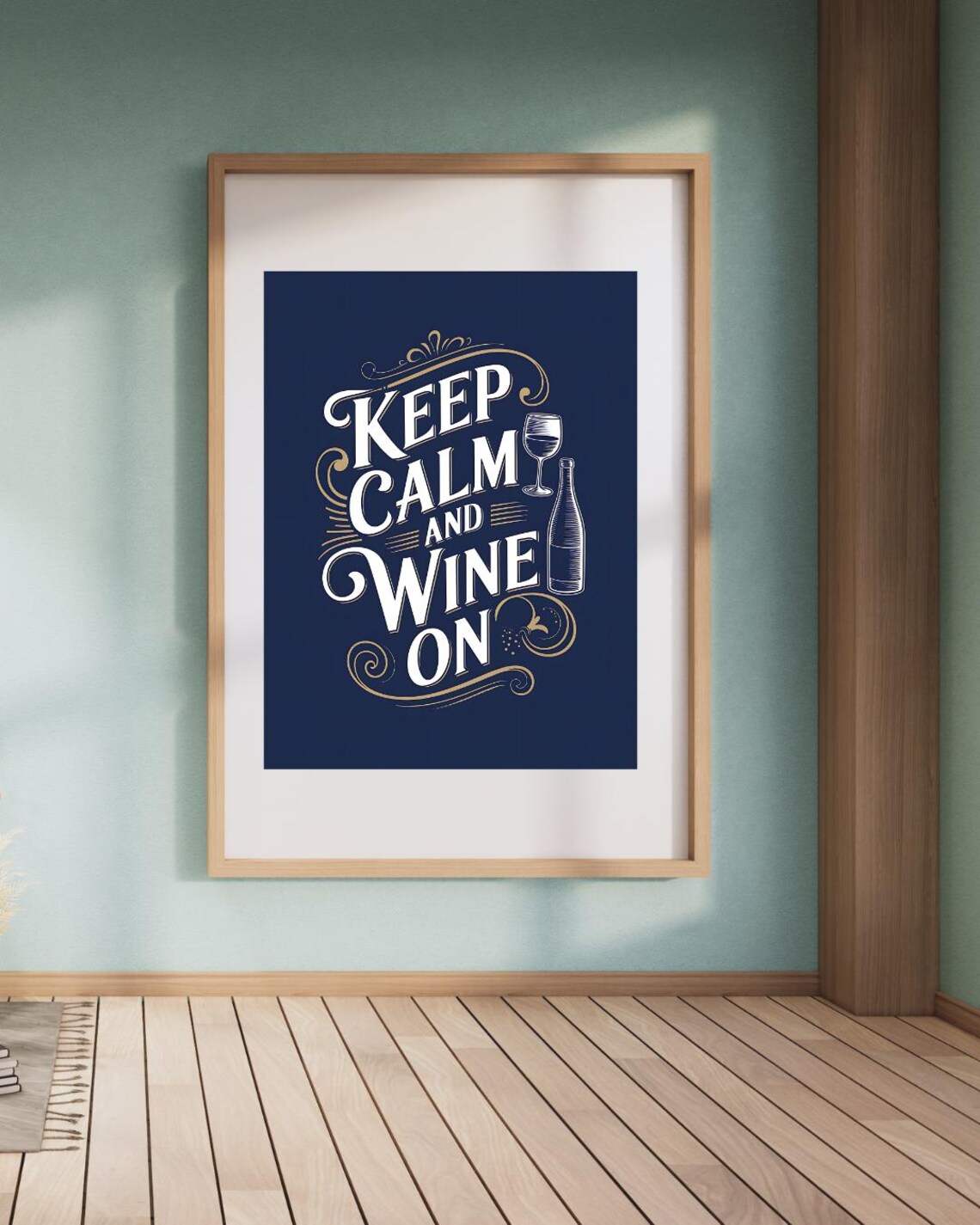 Navy Blue Keep Calm and Wine On Gold Lettering Typography Poster - Image 2