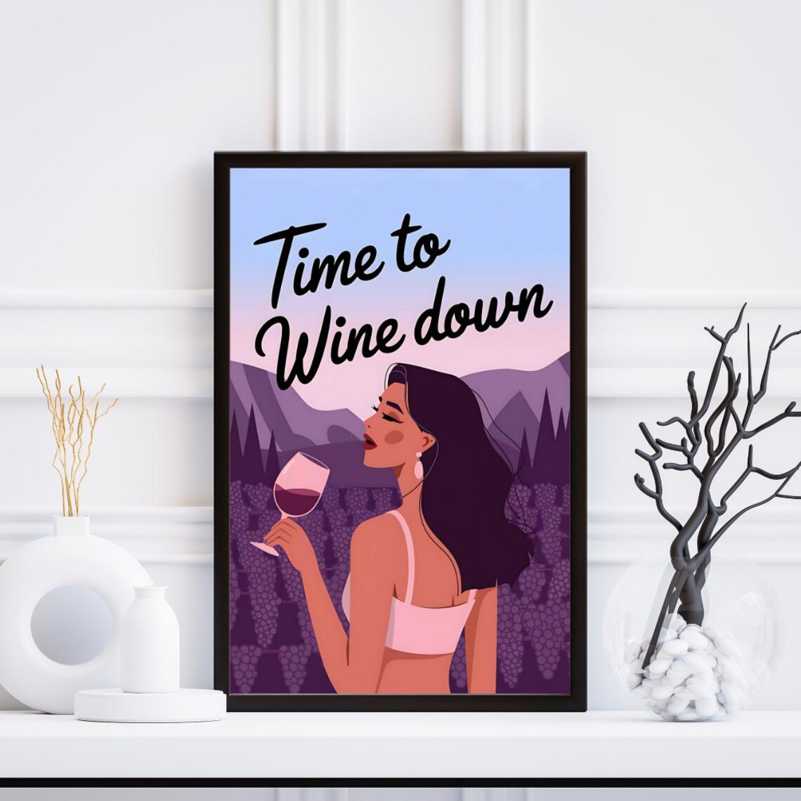 Time to Wine Down Funny Quote Poster with Vineyard Sunset Scene - Image 2