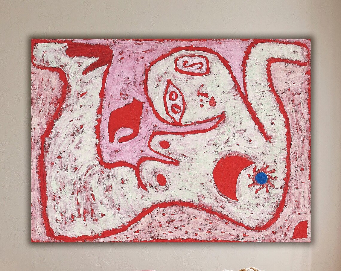 Red Pink White Abstract Biomorphic Painting Surrealist Sun Wall Art