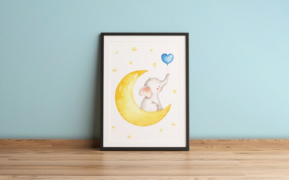 Watercolor Baby Elephant Moon Nursery Poster with Heart Balloon
