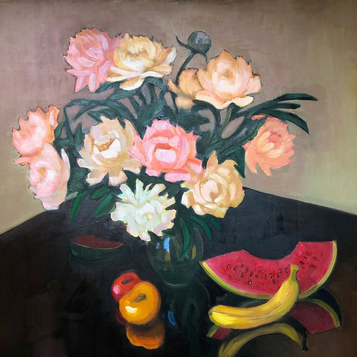 Pink Peonies And Watermelon Original Oil Still Life Painting Poster
