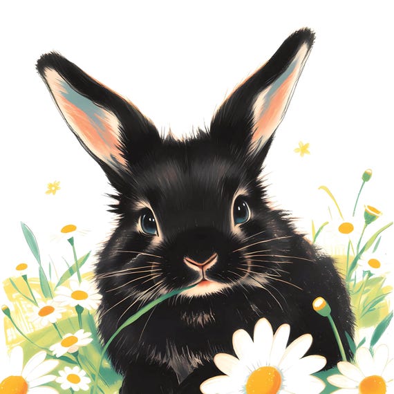 Black Bunny Art Print Spring Nursery Decor Instant