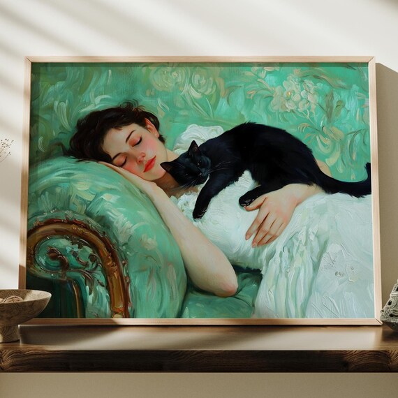Sleeping Woman With Black Cat On Green Victorian Couch Cozy Cat Art Poster