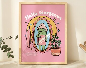 Girly Frog Self Love Wall Print Positivity Hello Gorgeous Quote Pink Retro Posters Bathroom Y2k Poster Prints Dorm Room Decor Unframed