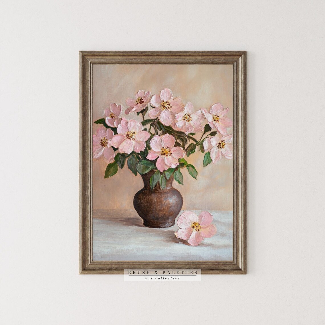 Pink Wild Roses In Brown Vase Vintage Floral Still Life Poster