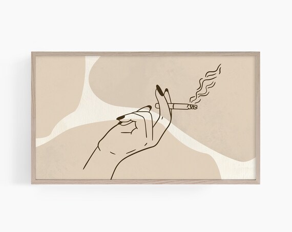 Smoking Woman Minimalist Beige Line Art Retro Chic Style Poster