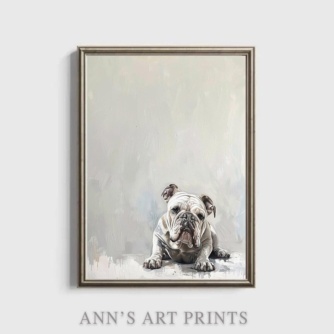 White Bulldog Puppy Sitting Minimalist Grey Oil Painting Art Print